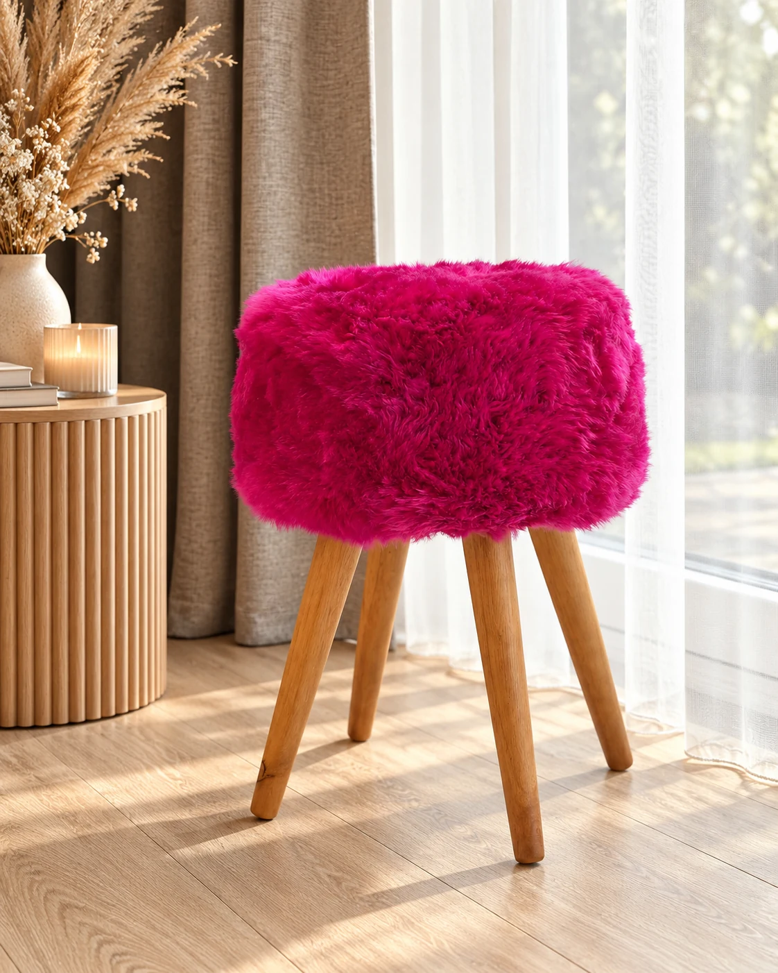 Front view of the fuchsia pink sheepskin stool with oak legs beside a table with a candle and vase