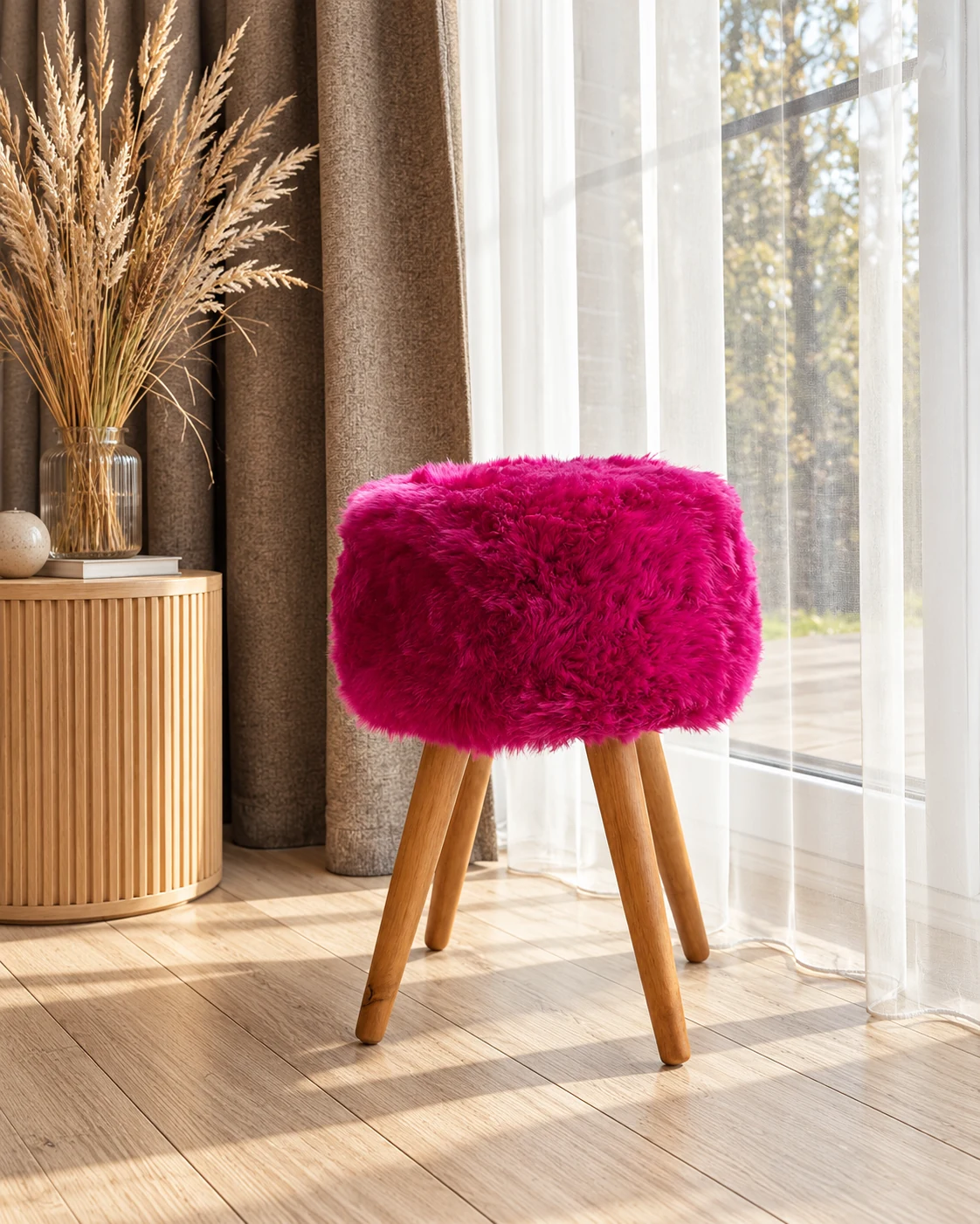 Fuchsia pink sheepskin stool with oak legs beside a sunny window and a wooden table with dried grasses