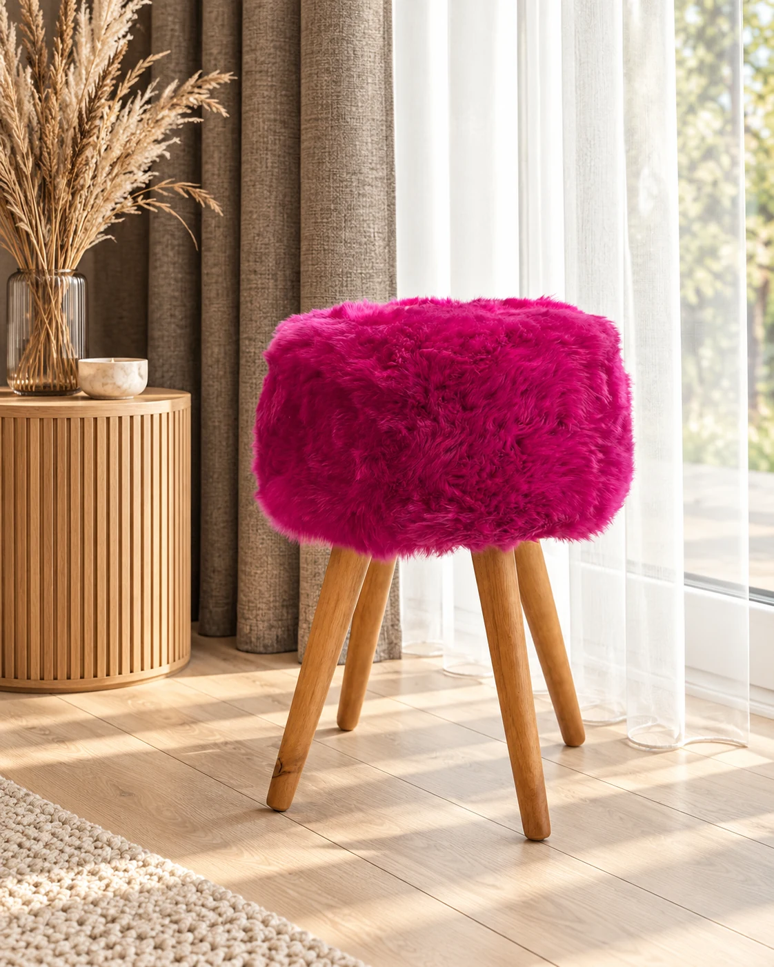 Fuchsia pink sheepskin stool on four oak legs beside a wooden side table and a cream rug