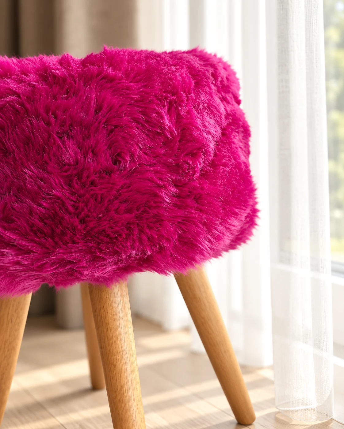 Close-up of the fuchsia pink sheepskin stool side, fluffy wool and oak legs beside a sheer curtain