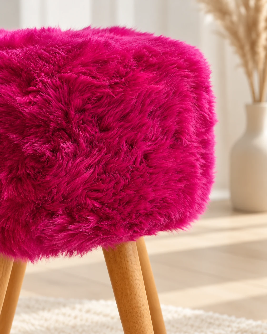 Detailed fuchsia pink sheepskin wool strands and an oak stool leg