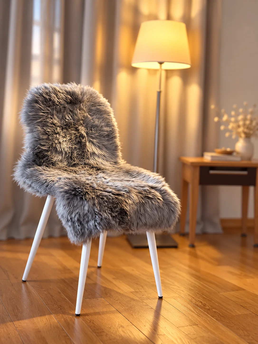 Pelēka dabīgā aitāda — 60 × 90 cm — lasīšanas stūrī līdzās atpūtas krēslam