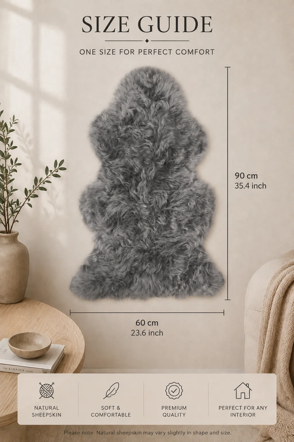 Pelēka dabīgā aitāda — 60 × 90 cm — preces izmēru shēma — 60 cm