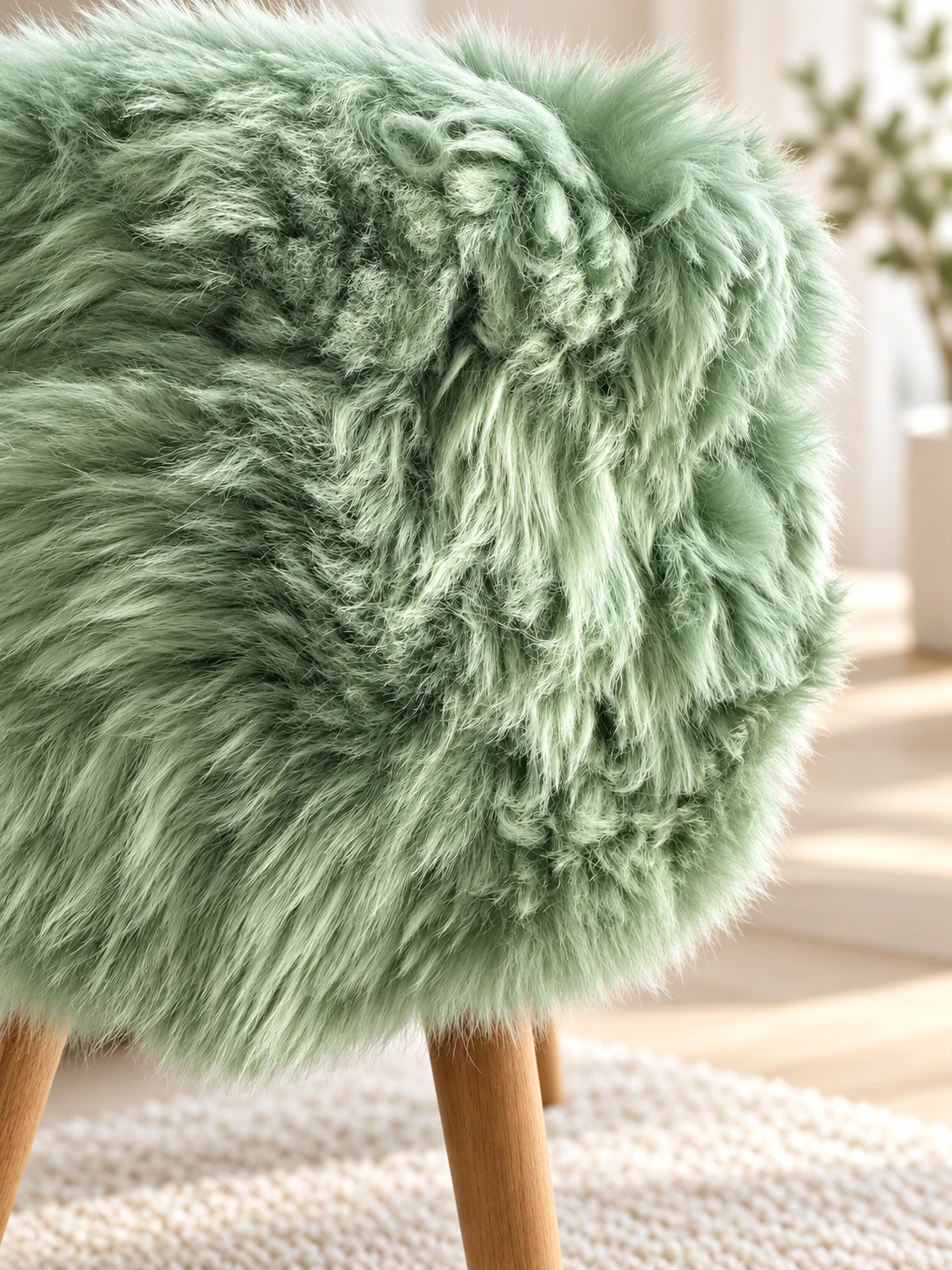 Detailed view of the sage green sheepskin stool seat, highlighting natural wool curls and its fluffy edge
