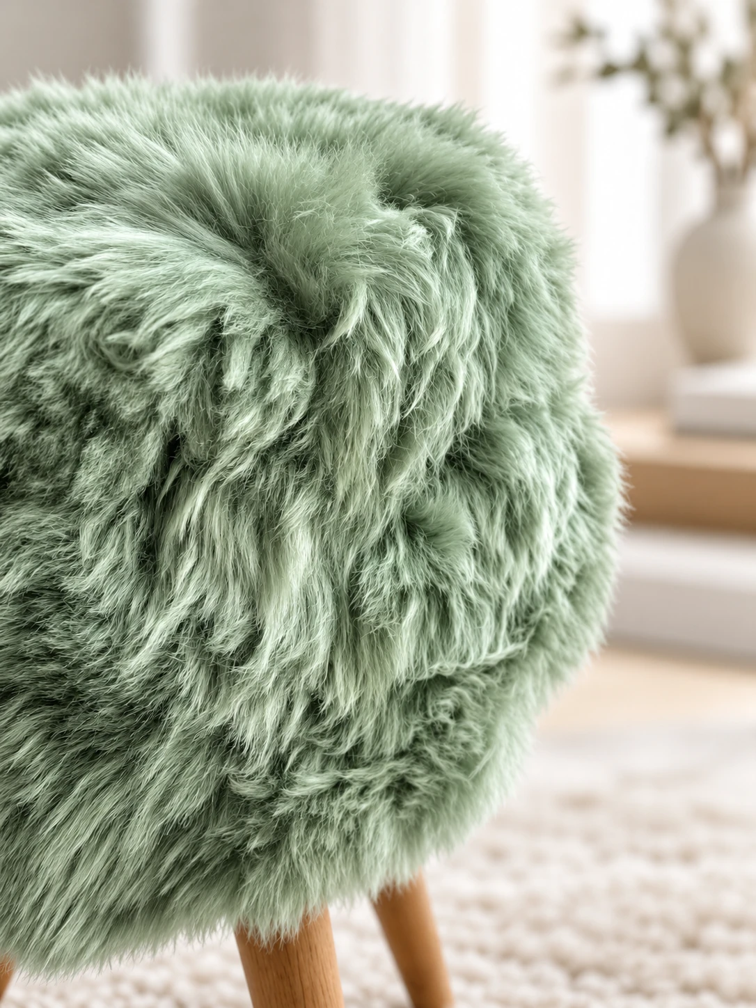 Close-up of long sage green wool on a sheepskin stool, showing the soft waves and individual fibres