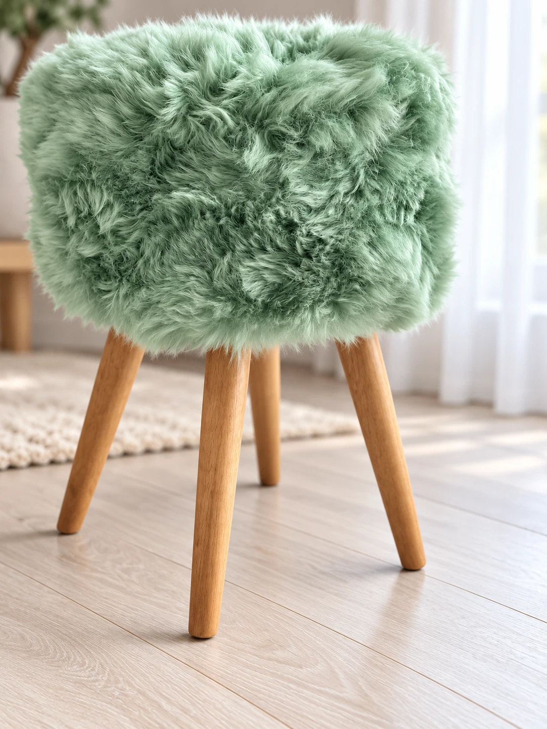 Sage green genuine sheepskin stool with four oak legs on a light wooden floor beside a window