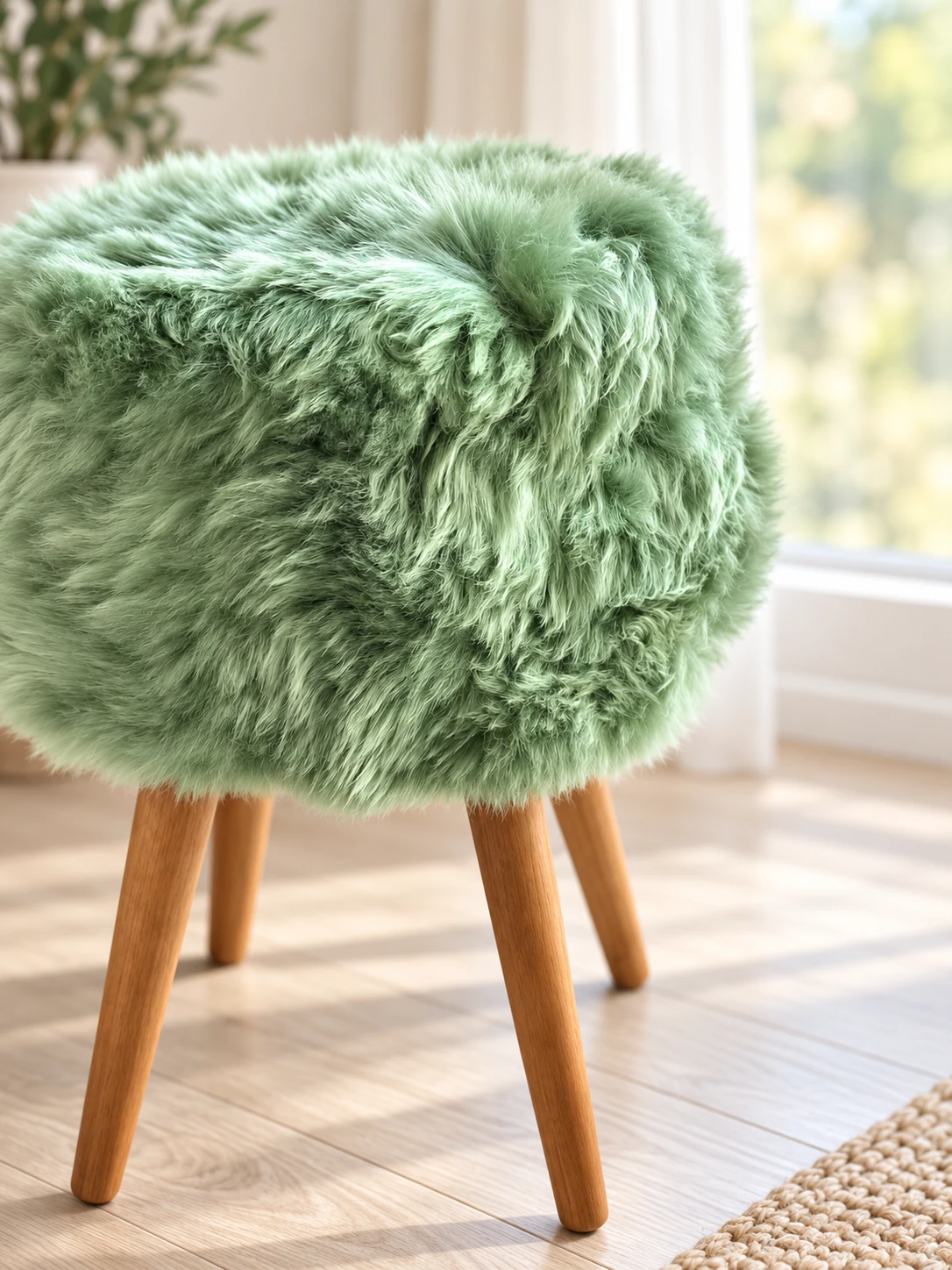 Side view of a sage green sheepskin stool by a sunlit window, showing the fluffy wool seat and oak legs
