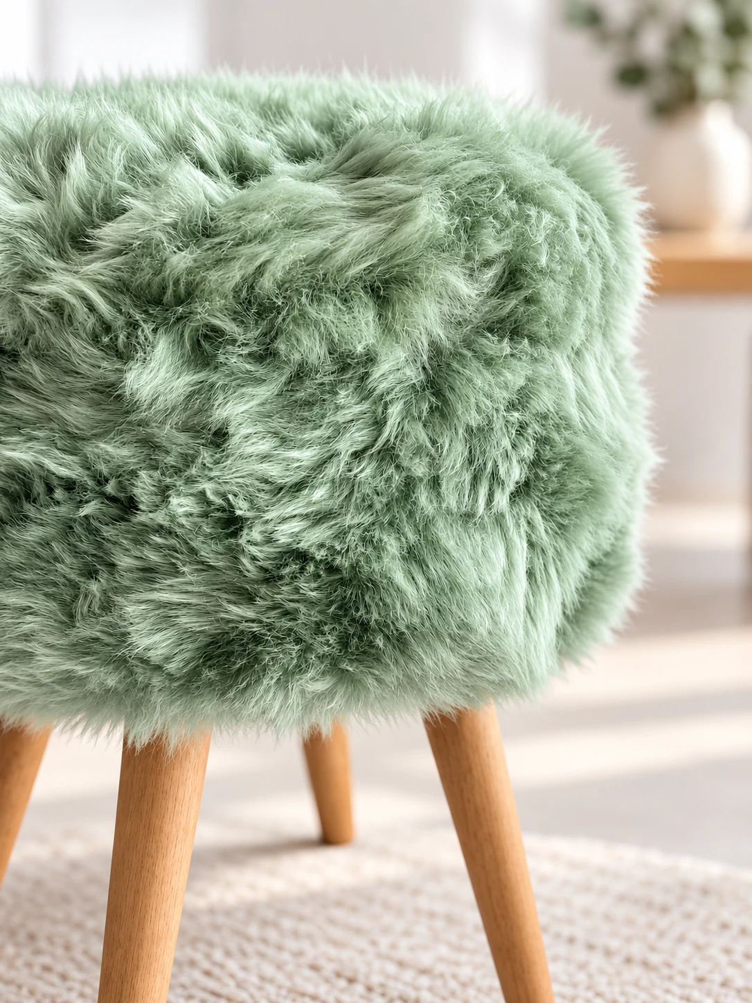 Close-up of the sage green sheepskin stool’s wool-covered seat edge and oak legs in a light interior