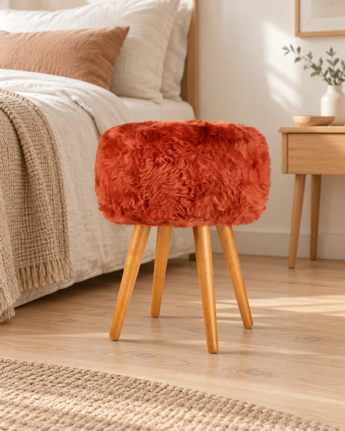 Burnt Orange sheepskin stool with oak legs beside a linen-covered bed in a neutral bedroom