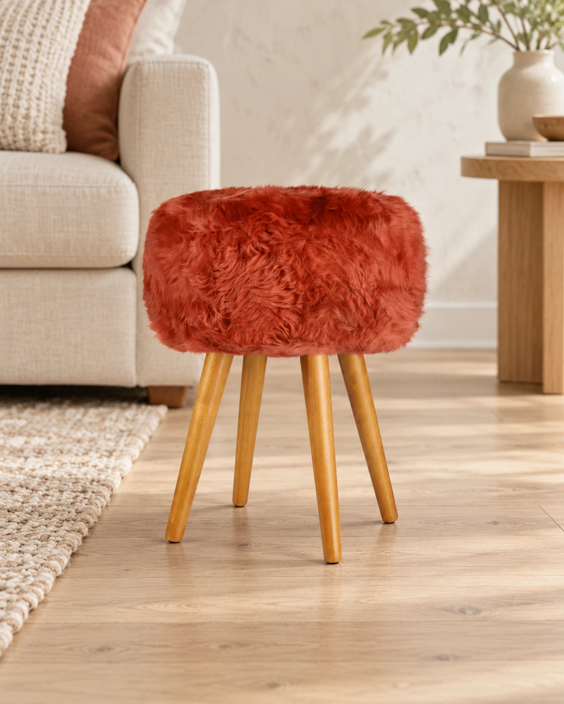 Burnt Orange sheepskin stool with oak legs in a light living room with cream upholstered furniture