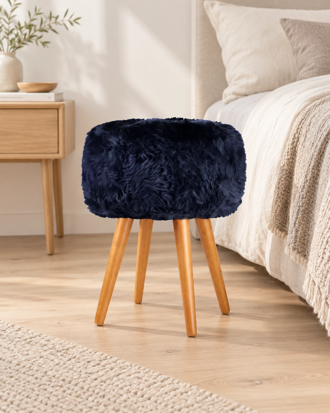 Blue Print sheepskin stool with oak legs beside a linen-covered bed in a neutral bedroom