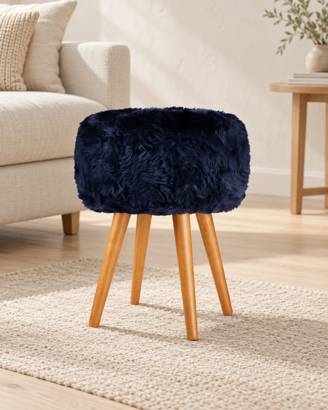 Blue Print sheepskin stool with oak legs in a light living room with cream upholstered furniture