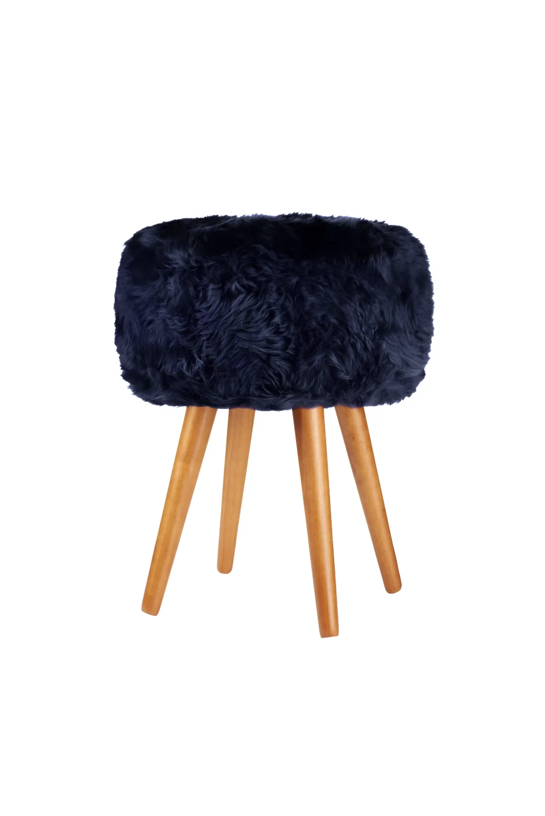 Blue Print genuine sheepskin stool showing all four oak legs on a white background