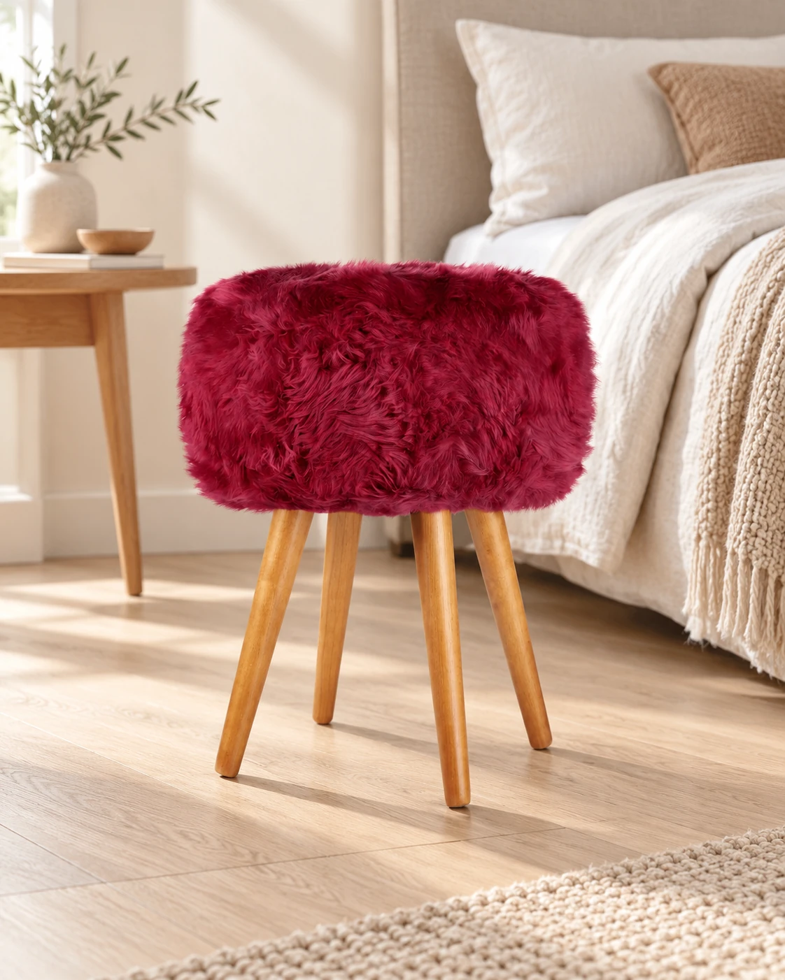 Fuchsia Pink sheepskin stool with oak legs beside a linen-covered bed in a neutral bedroom