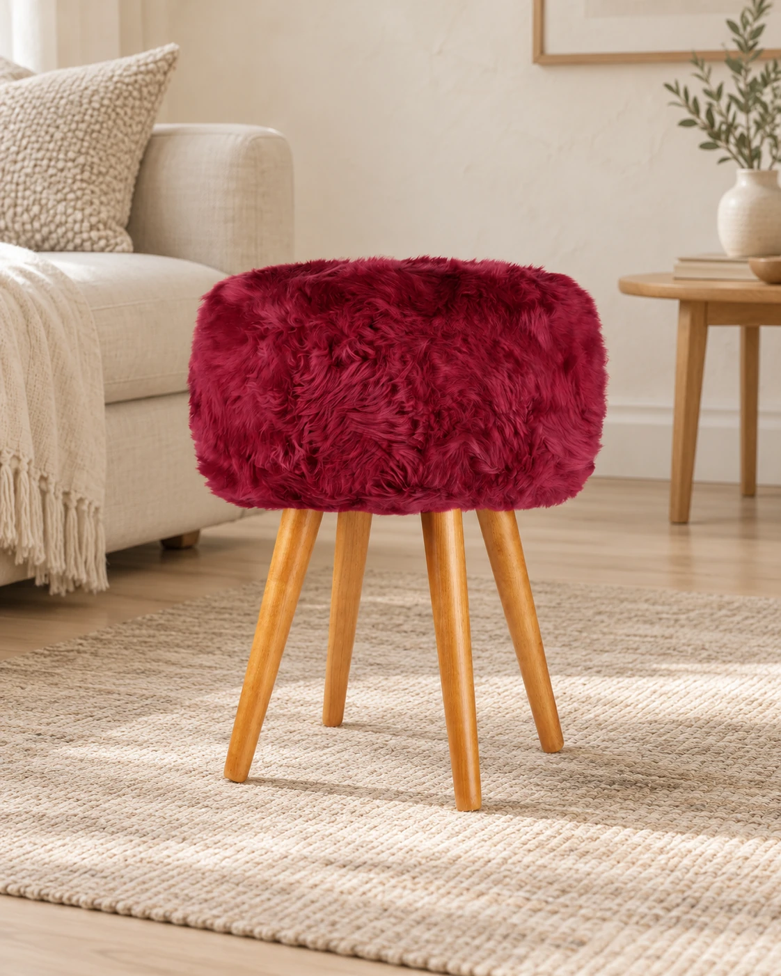 Fuchsia Pink sheepskin stool with oak legs in a light living room with cream upholstered furniture