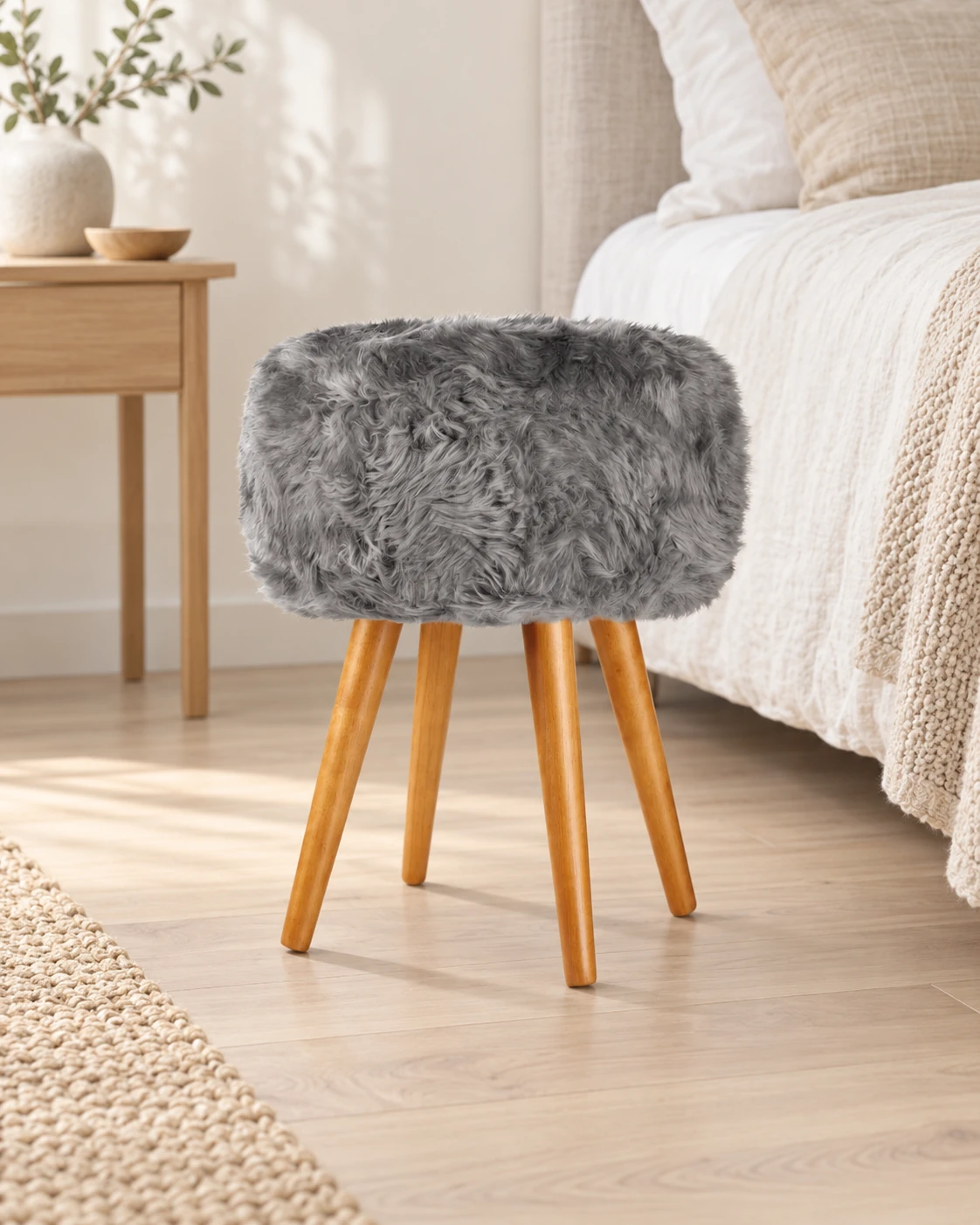 Grey sheepskin stool with oak legs beside a linen-covered bed in a neutral bedroom