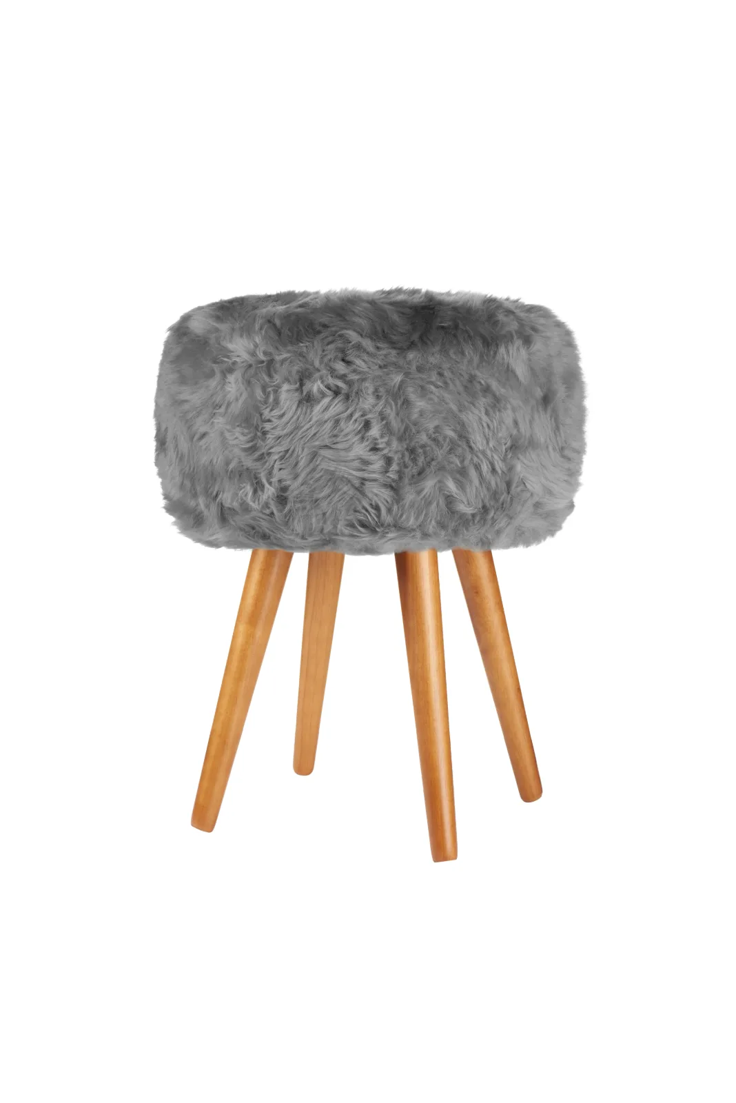 Grey genuine sheepskin stool showing all four oak legs on a white background