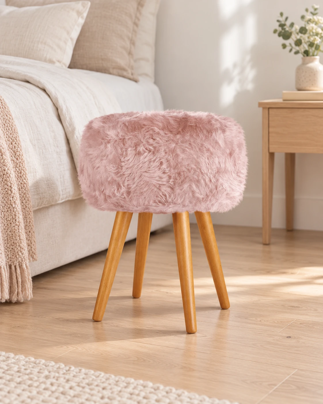 Heavenly Pink sheepskin stool with oak legs beside a linen-covered bed in a neutral bedroom