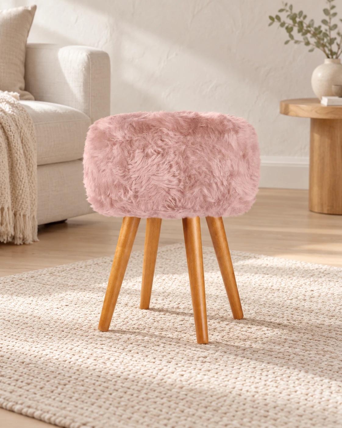 Heavenly Pink sheepskin stool with oak legs in a light living room with cream upholstered furniture