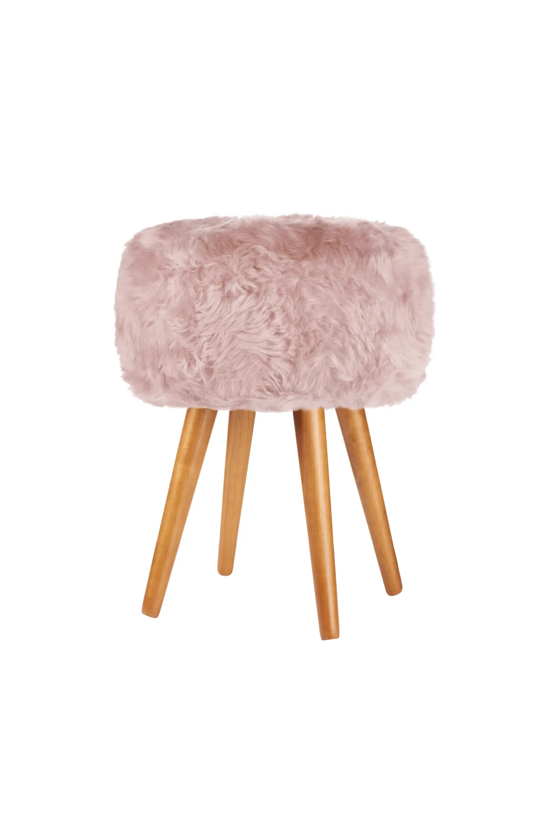 Heavenly Pink genuine sheepskin stool showing all four oak legs on a white background