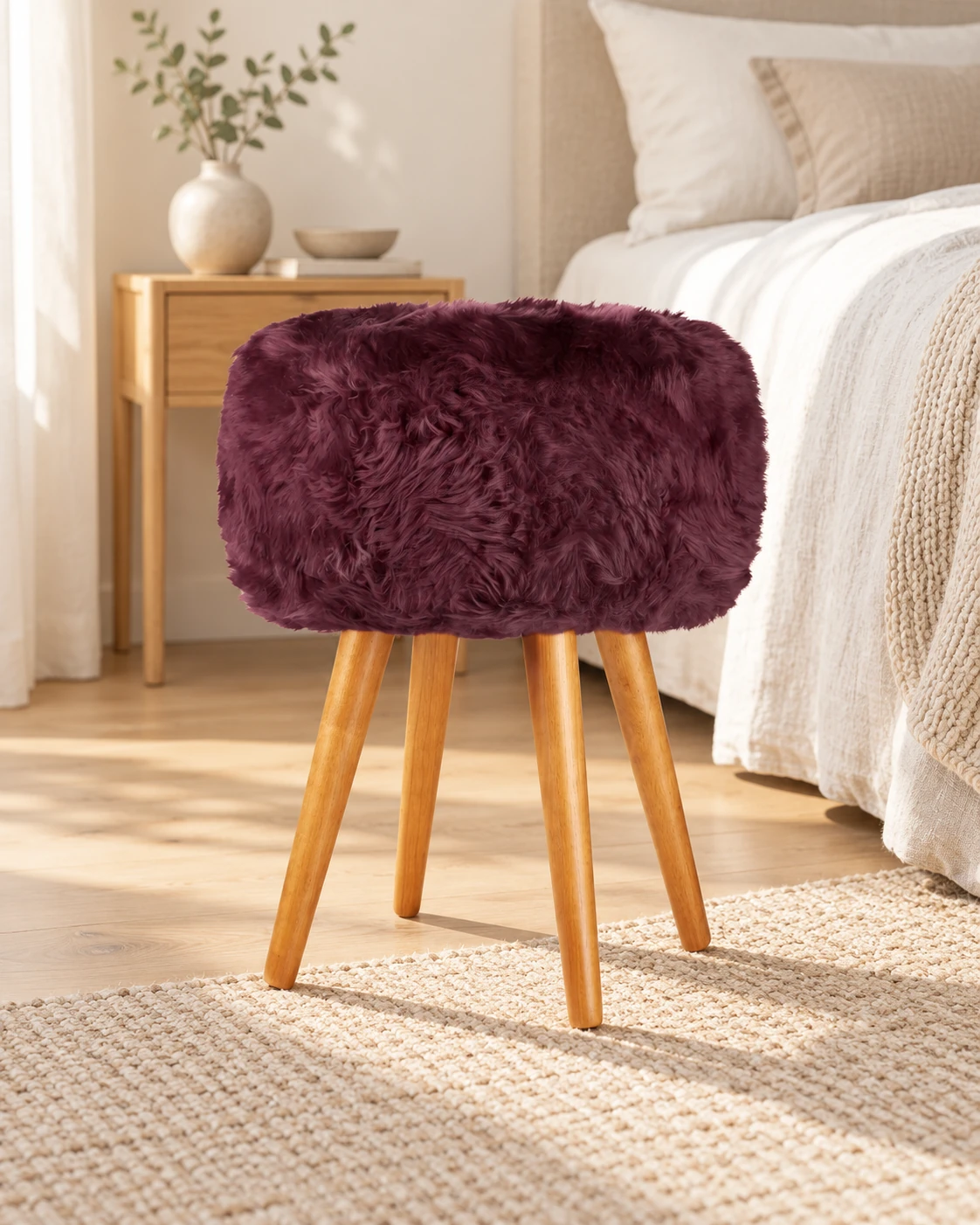 Italian Plum sheepskin stool with oak legs beside a linen-covered bed in a neutral bedroom