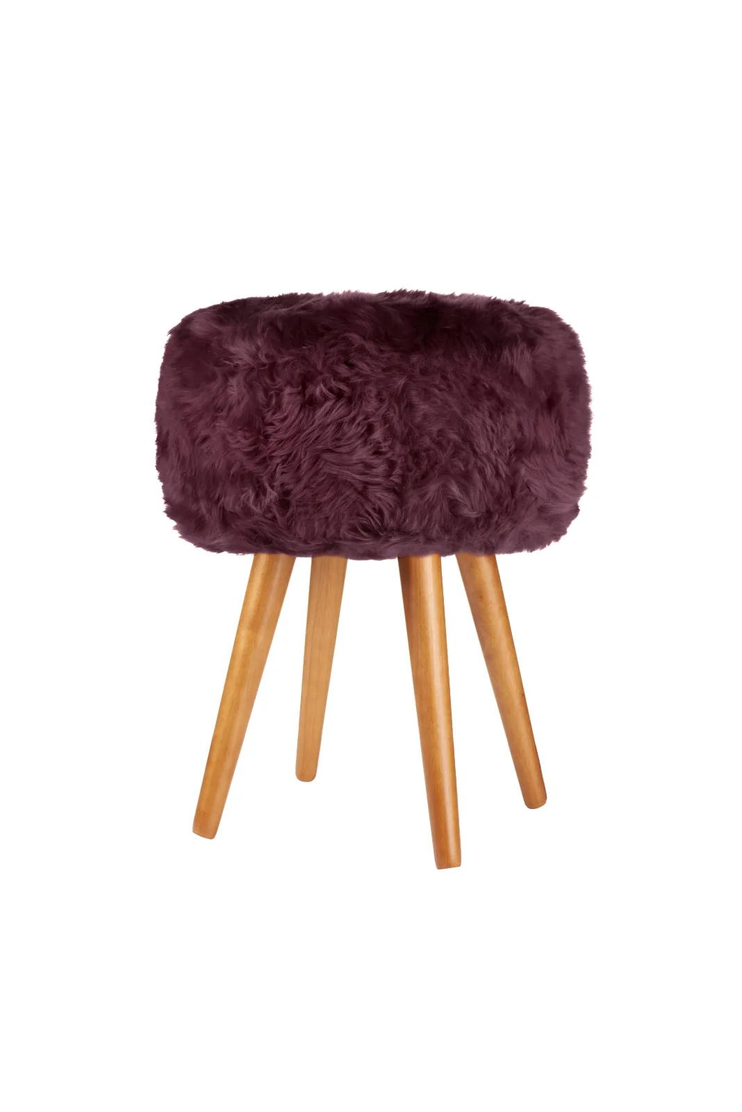 Italian Plum genuine sheepskin stool showing all four oak legs on a white background