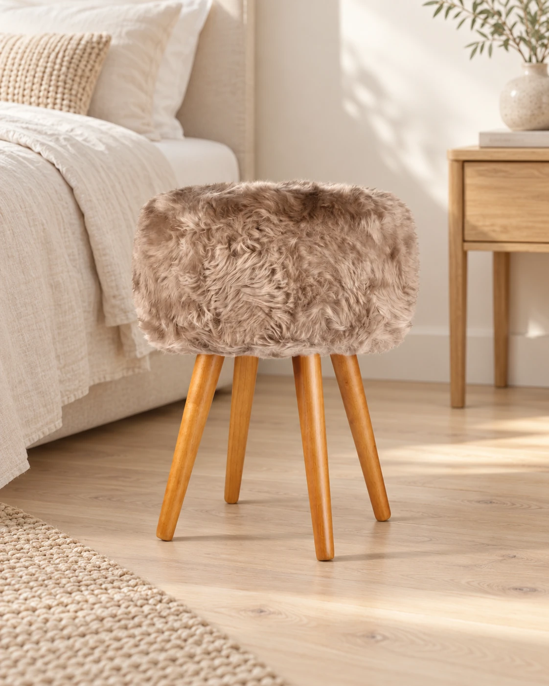 Light Brown sheepskin stool with oak legs beside a linen-covered bed in a neutral bedroom