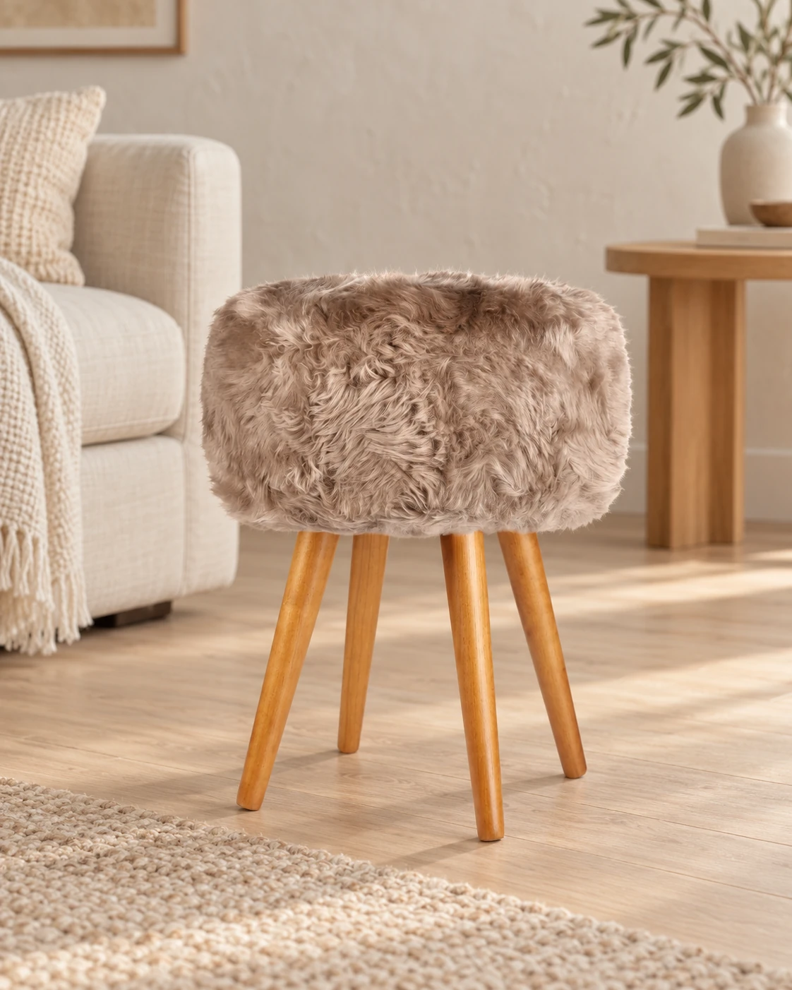 Light Brown sheepskin stool with oak legs in a light living room with cream upholstered furniture