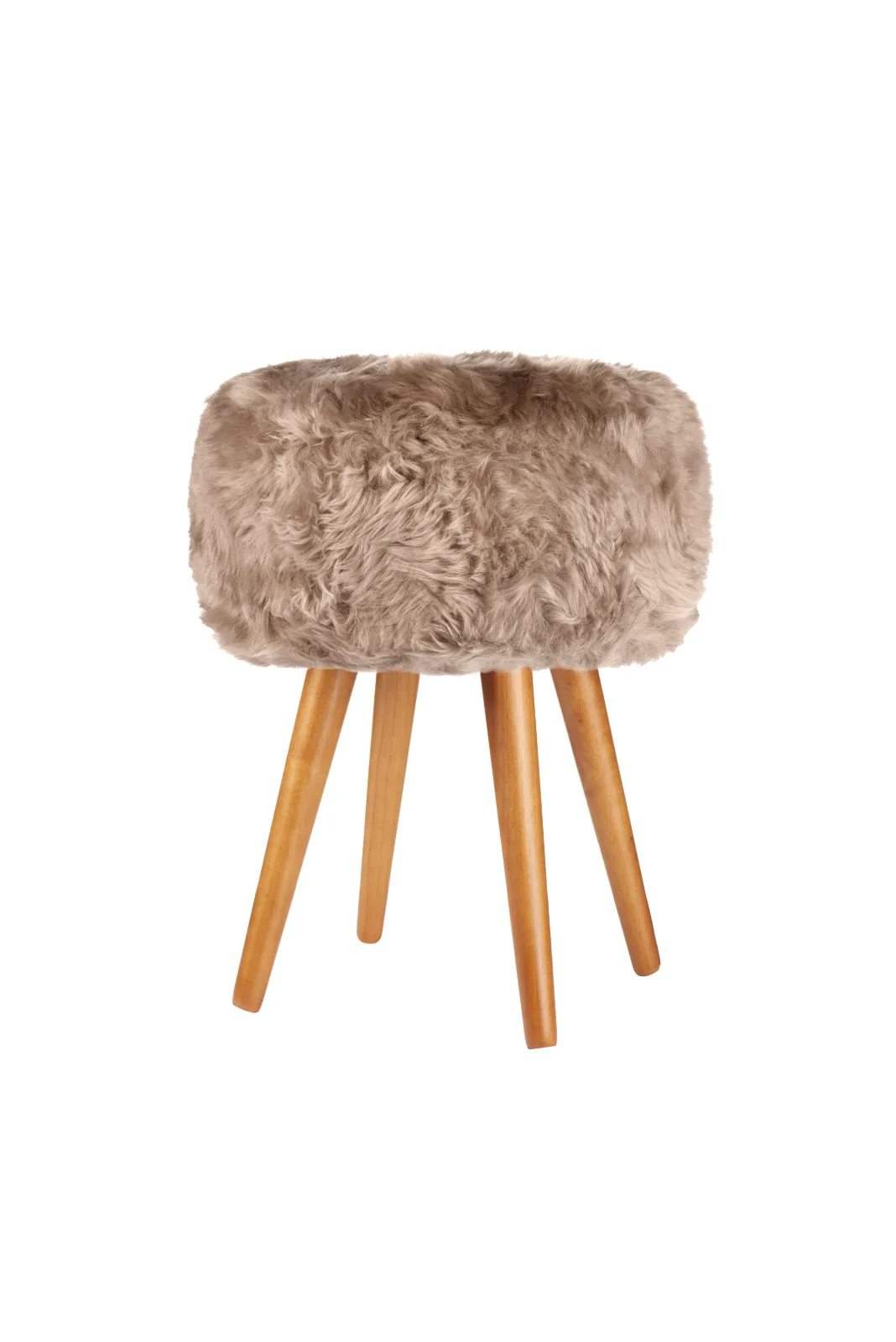Light Brown genuine sheepskin stool showing all four oak legs on a white background
