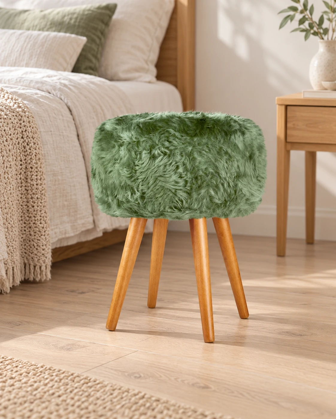 Sage Green sheepskin stool with oak legs beside a linen-covered bed in a neutral bedroom