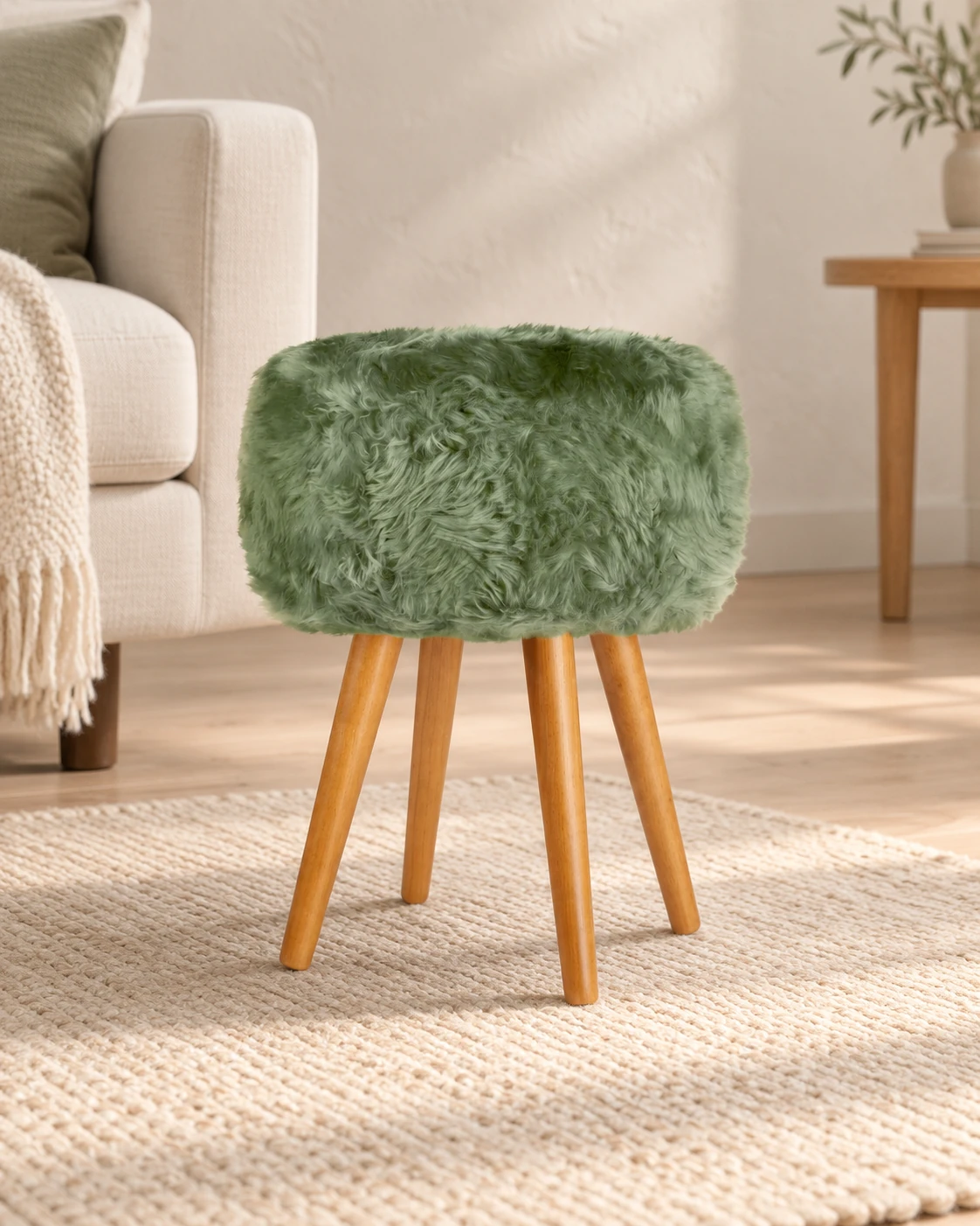 Sage Green sheepskin stool with oak legs in a light living room with cream upholstered furniture