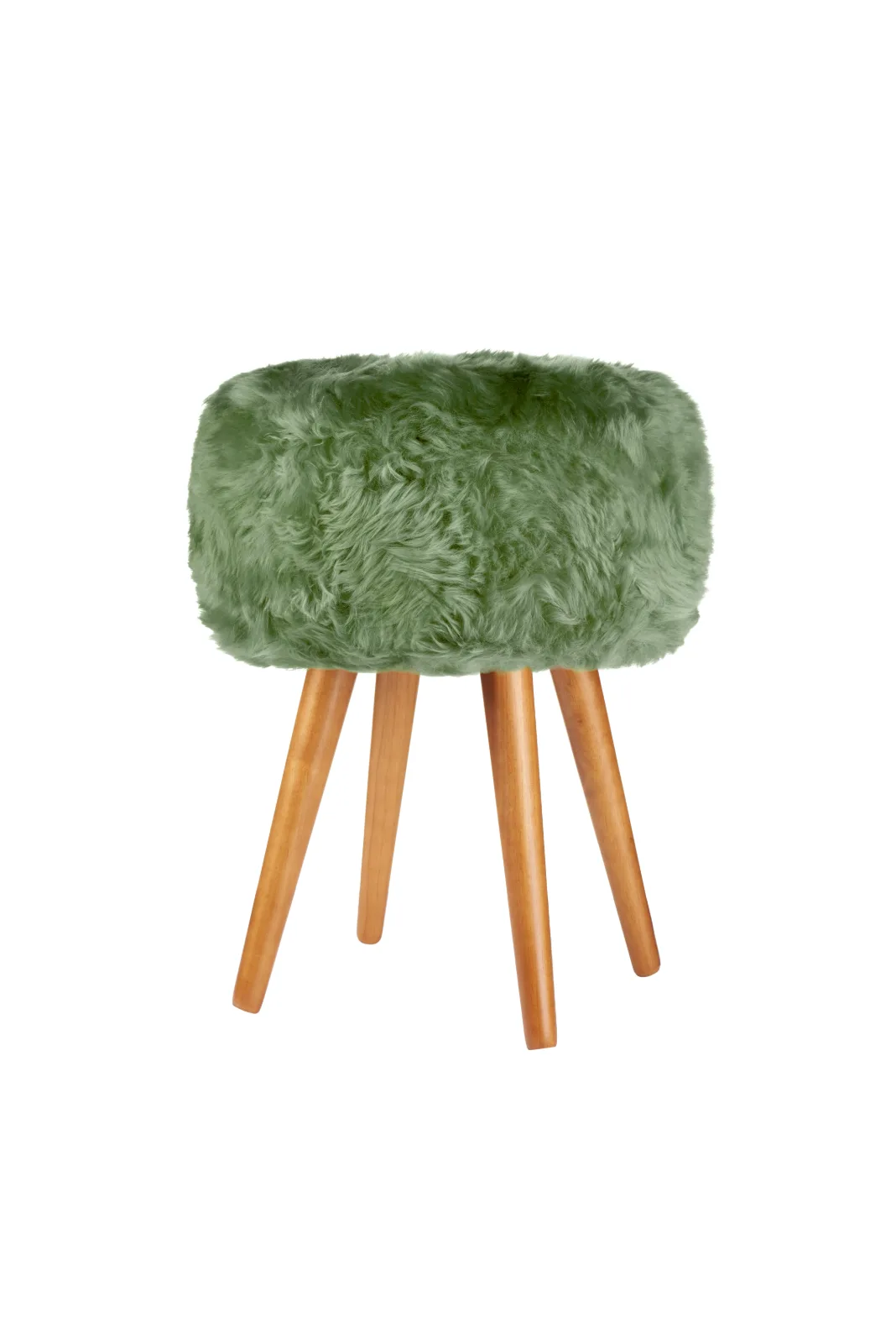 Sage Green genuine sheepskin stool showing all four oak legs on a white background
