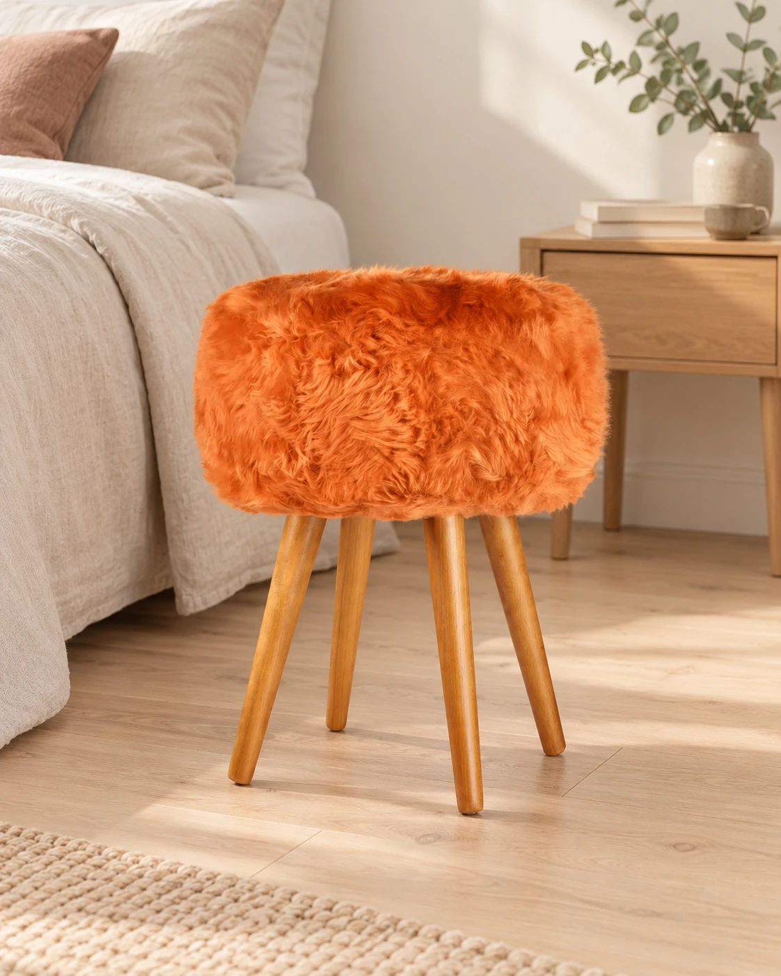 Sunset Orange sheepskin stool with oak legs beside a linen-covered bed in a neutral bedroom
