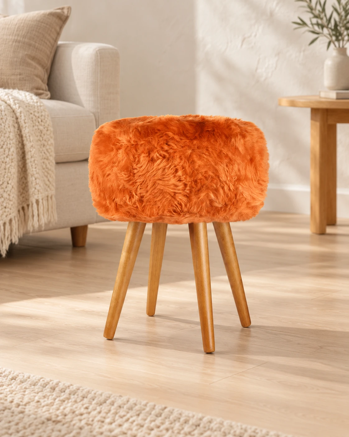 Sunset Orange sheepskin stool with oak legs in a light living room with cream upholstered furniture