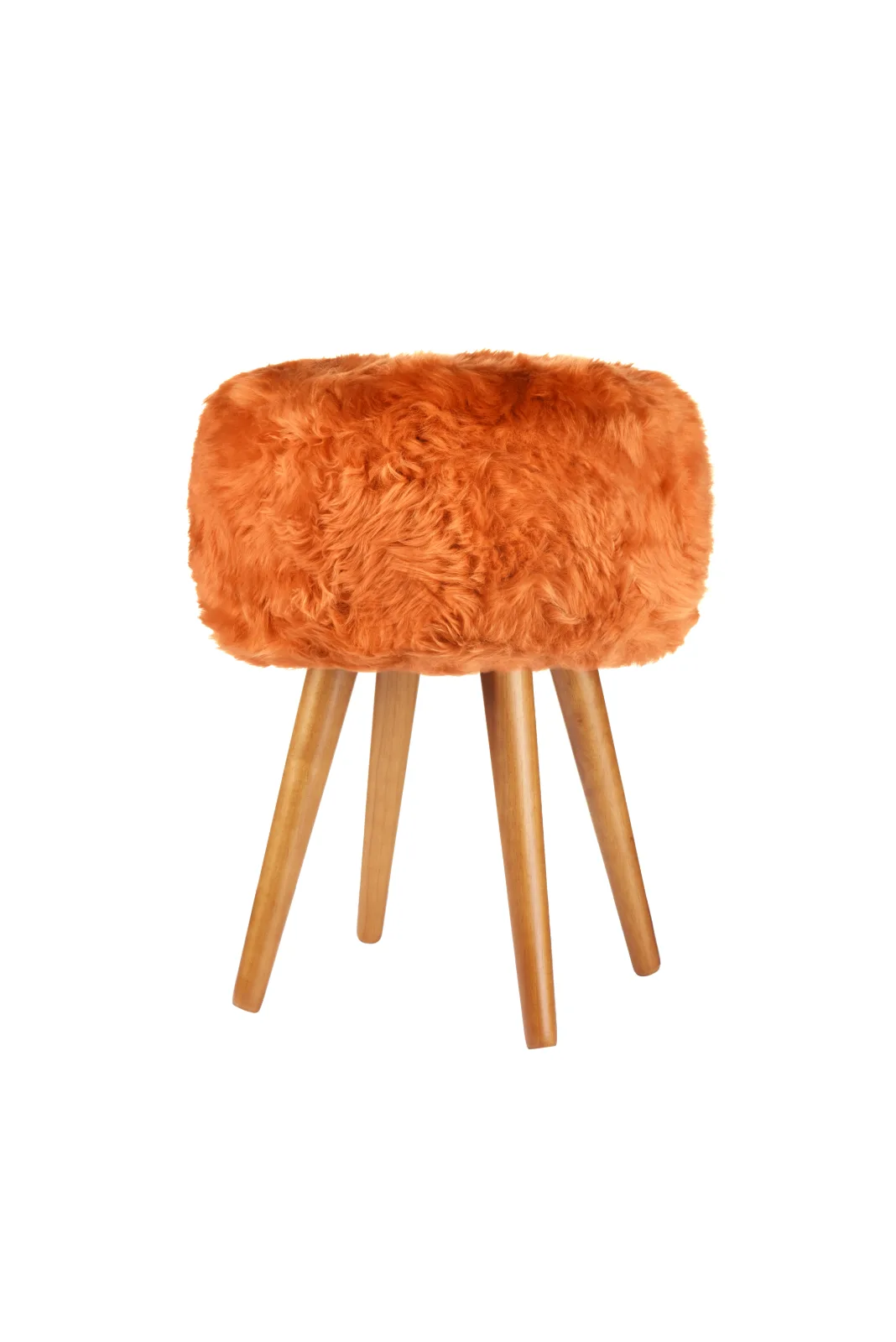 Sunset Orange genuine sheepskin stool showing all four oak legs on a white background
