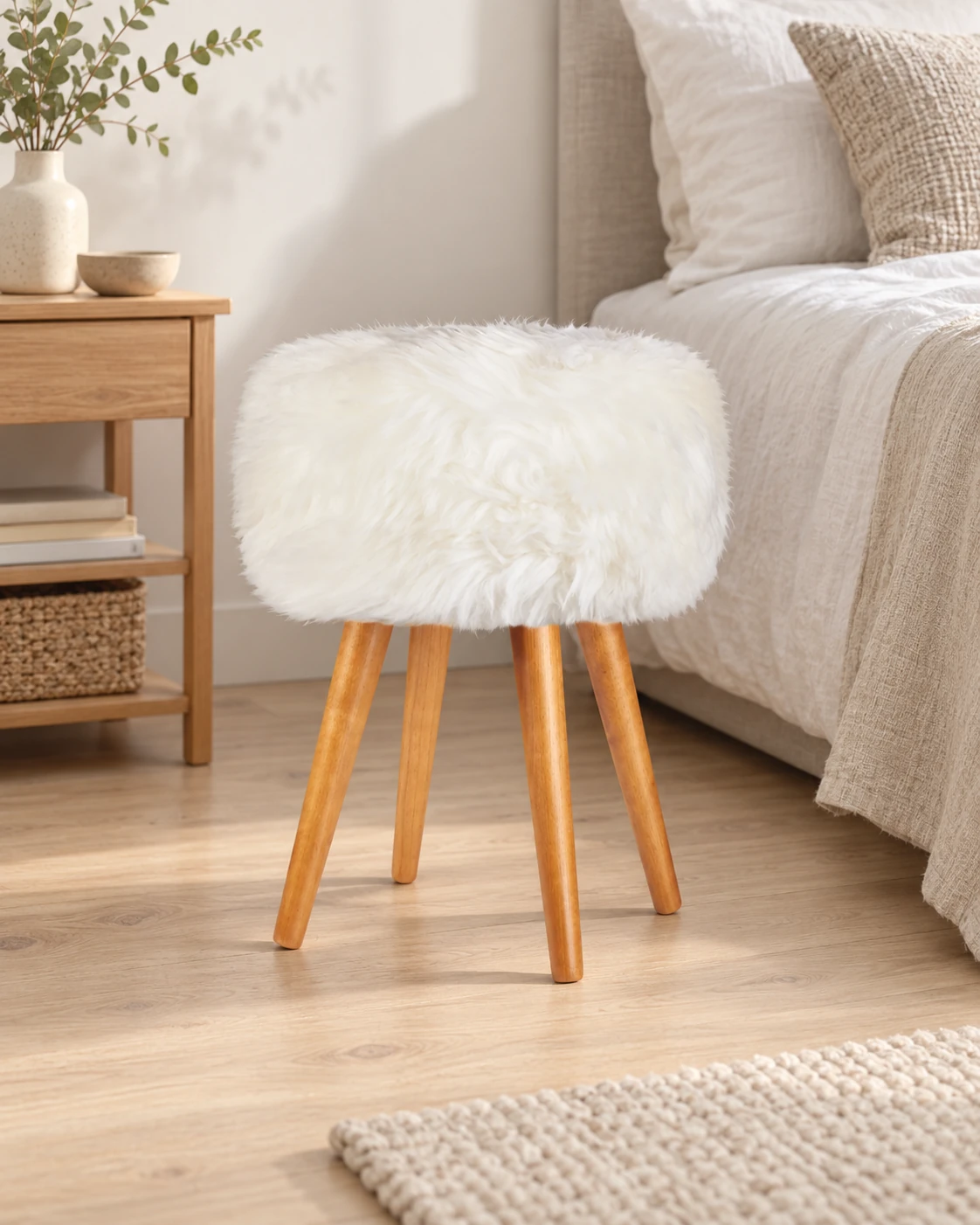 Natural White sheepskin stool with oak legs beside a linen-covered bed in a neutral bedroom