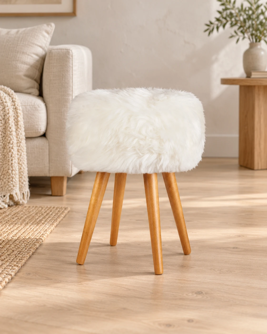 Natural White sheepskin stool with oak legs in a light living room with cream upholstered furniture