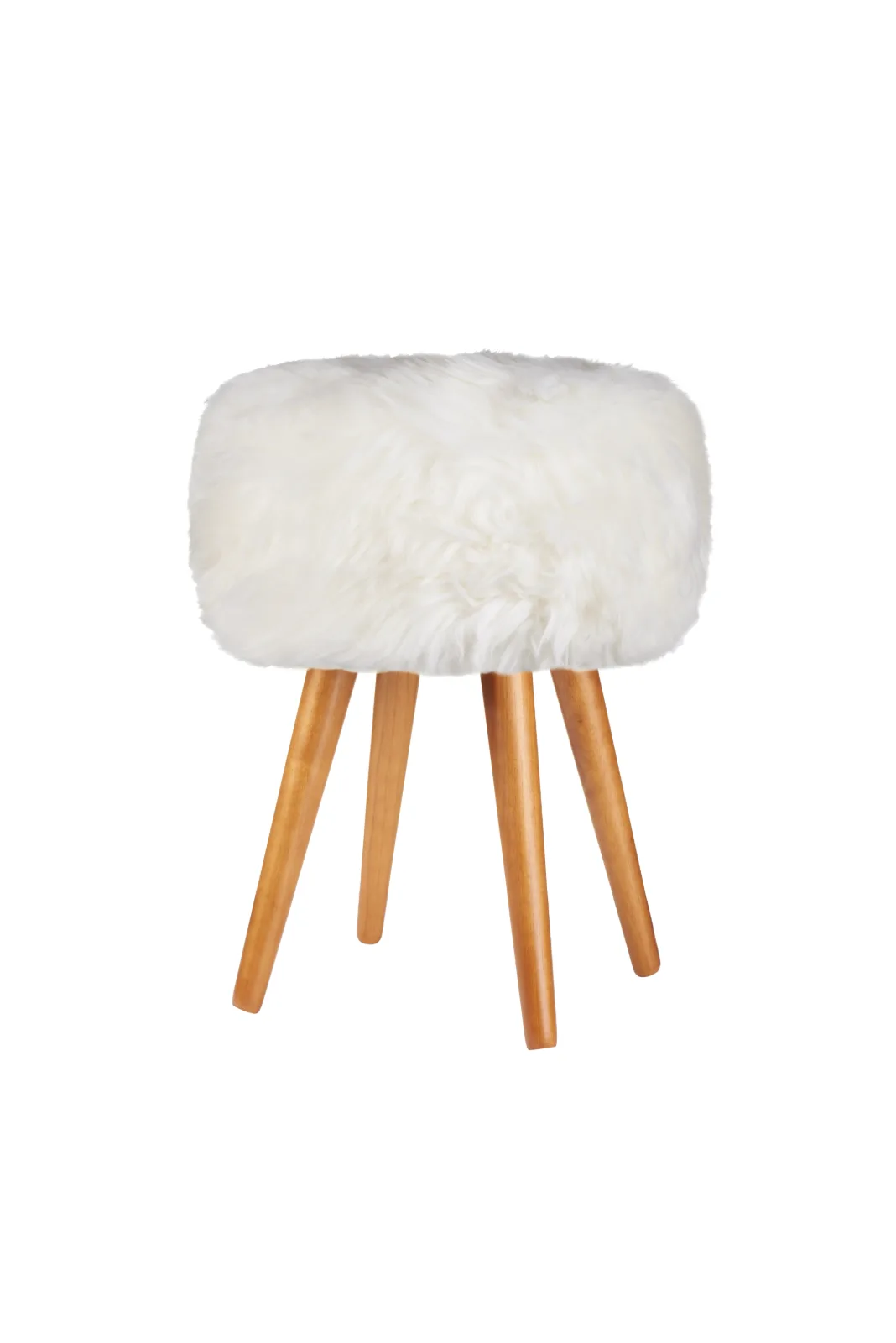 Natural White genuine sheepskin stool showing all four oak legs on a white background