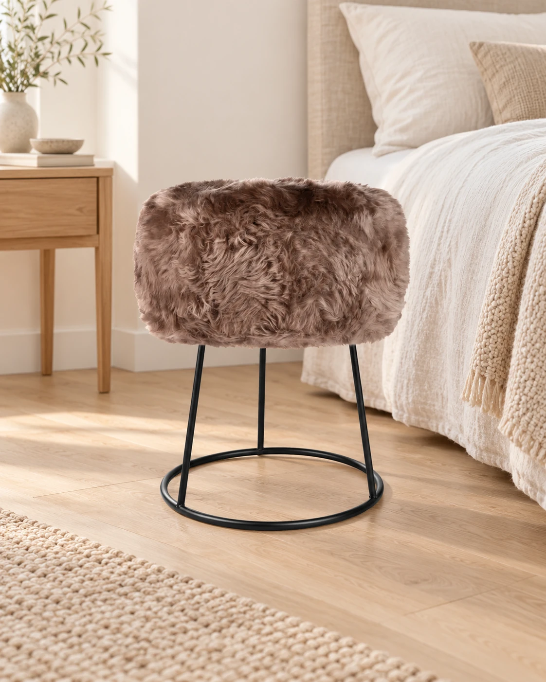 Brown Taupe sheepskin stool with a black metal base beside a linen-covered bed in a neutral bedroom