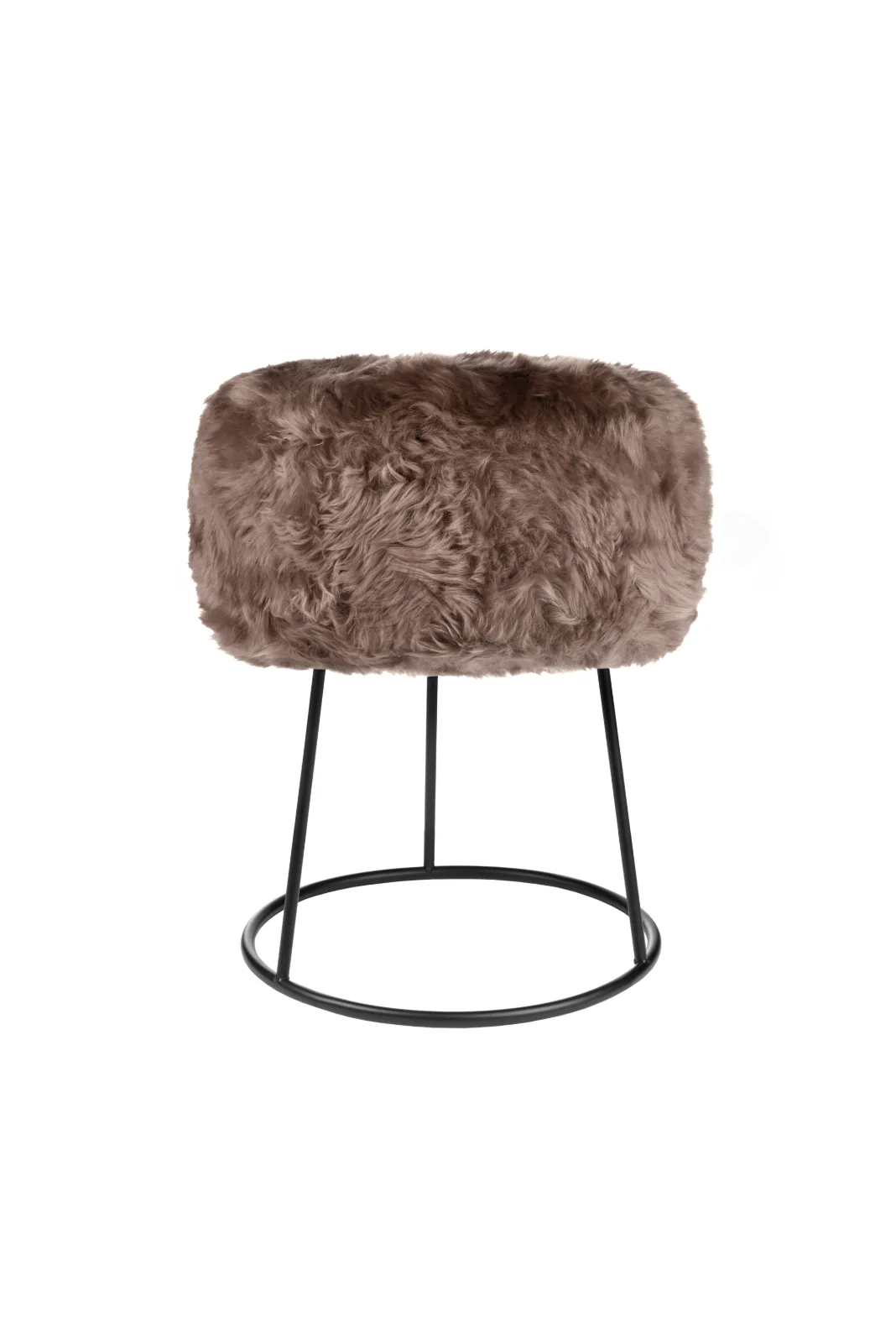Brown Taupe genuine sheepskin stool showing the full black metal frame on a white background