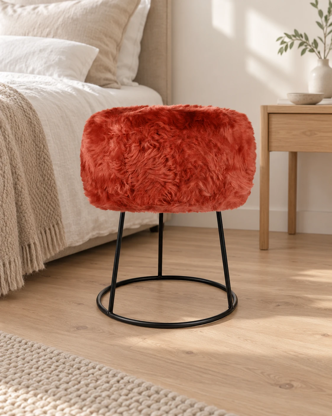 Burnt Orange sheepskin stool with a black metal base beside a linen-covered bed in a neutral bedroom
