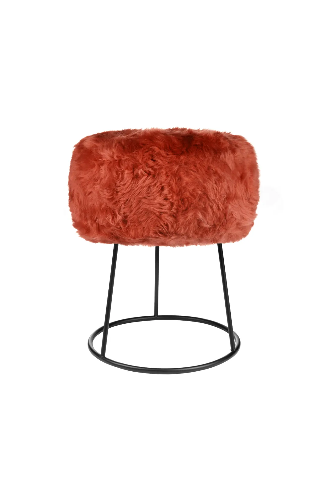 Burnt Orange genuine sheepskin stool showing the full black metal frame on a white background