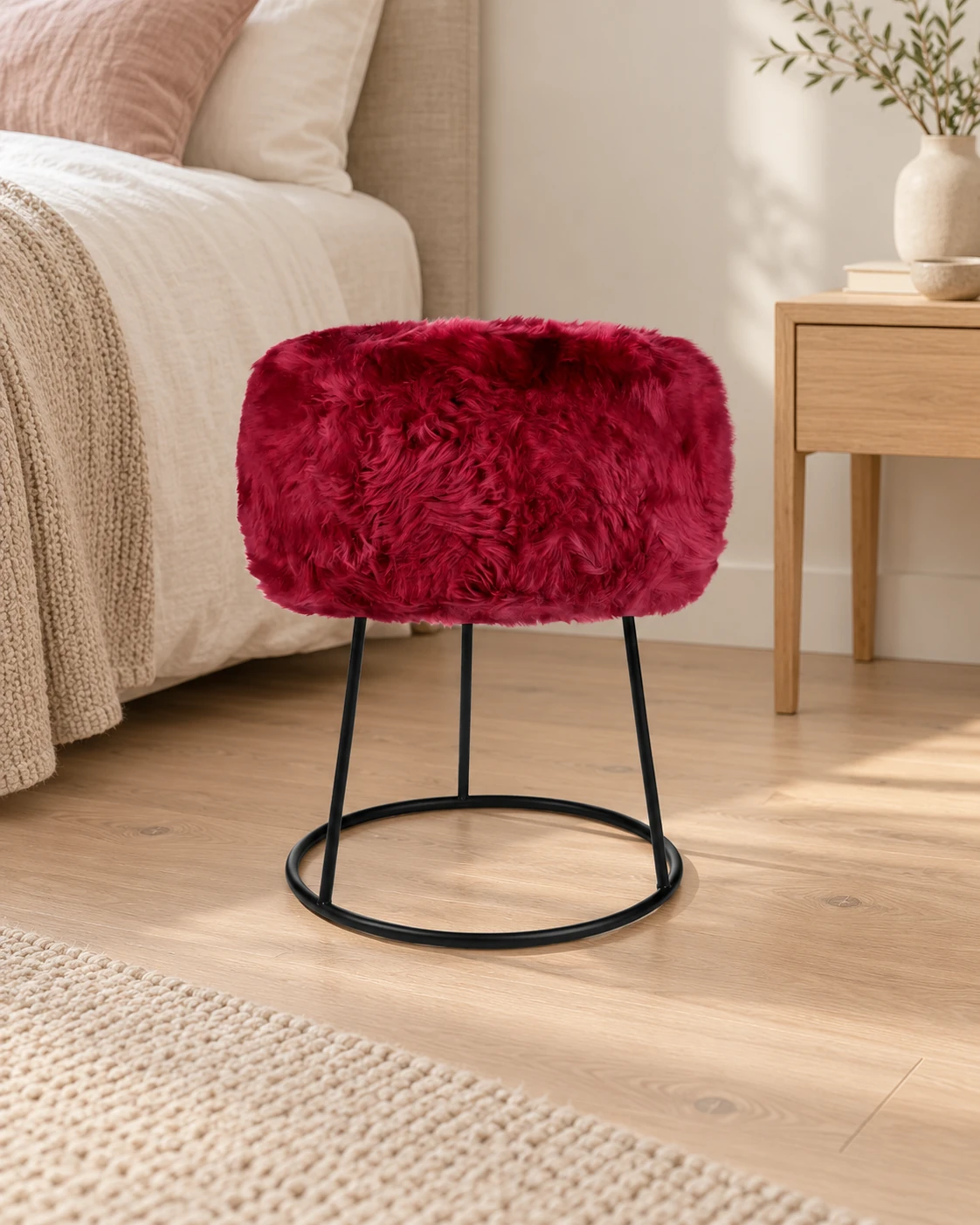 Fuchsia Pink sheepskin stool with a black metal base beside a linen-covered bed in a neutral bedroom