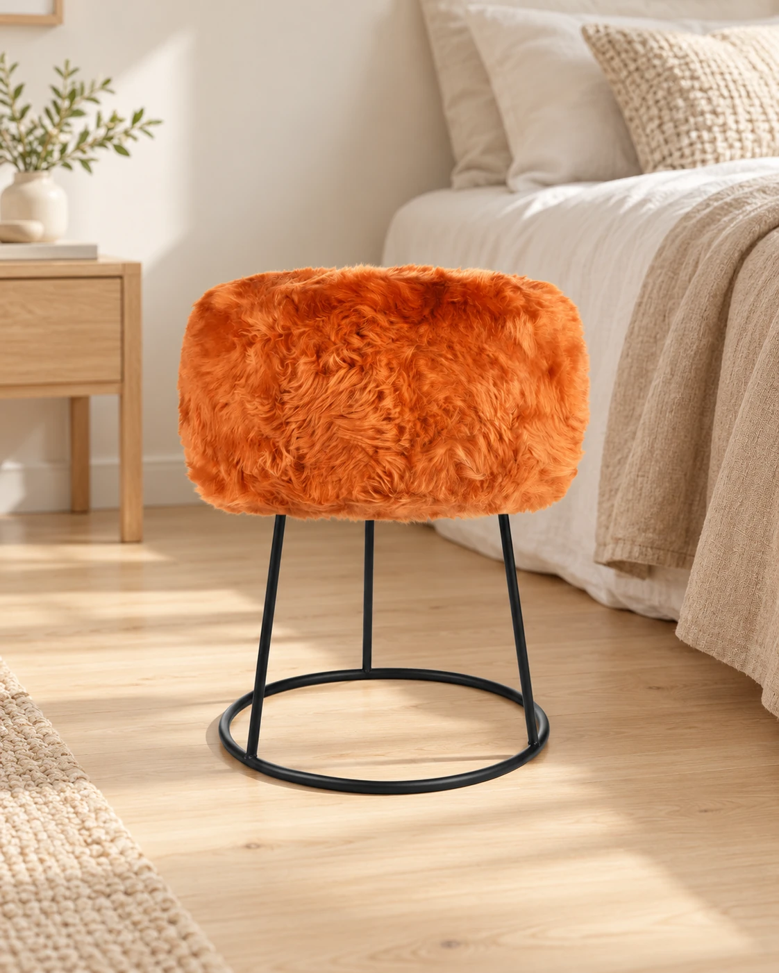 Sunset Orange sheepskin stool with a black metal base beside a linen-covered bed in a neutral bedroom