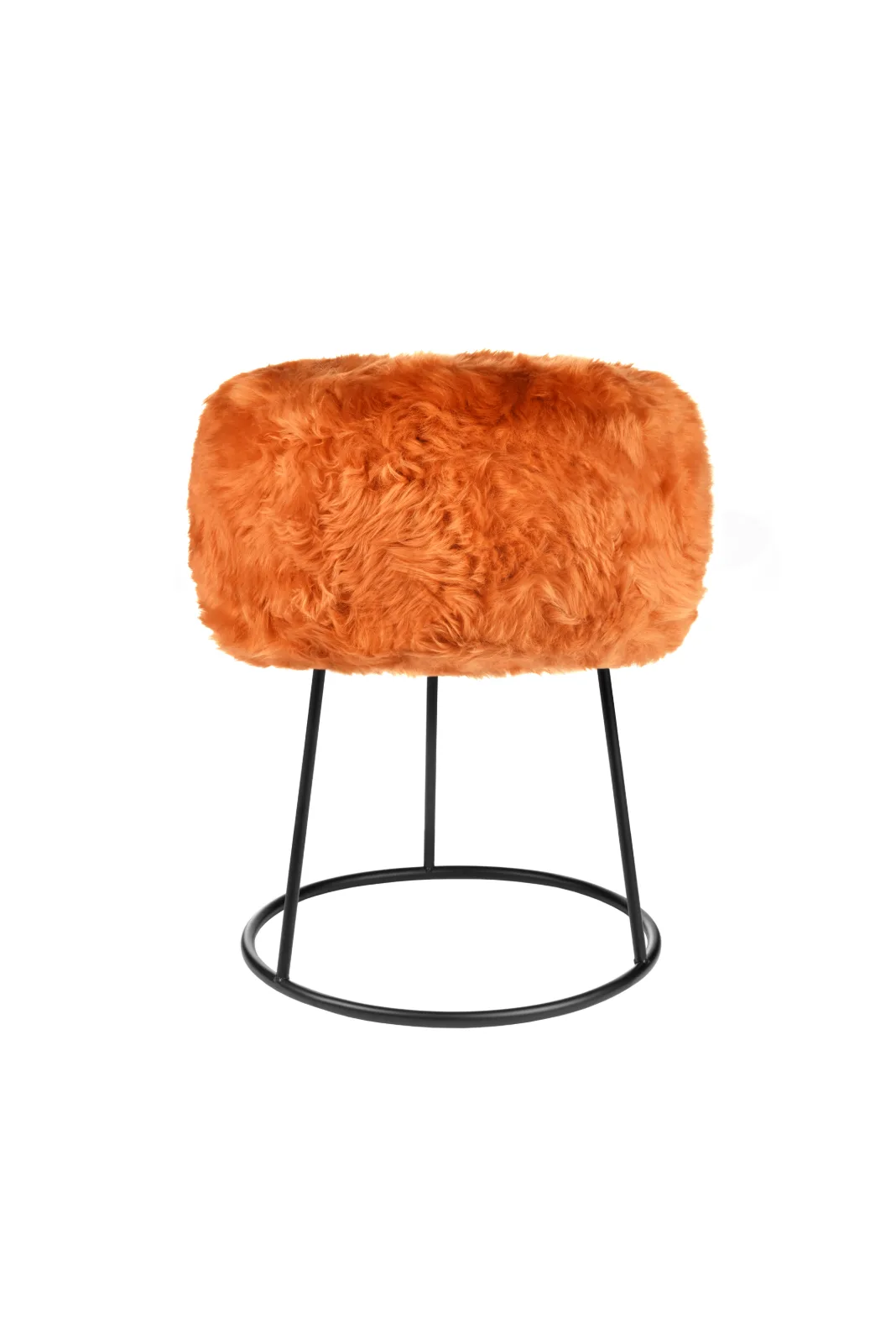 Sunset Orange genuine sheepskin stool showing the full black metal frame on a white background