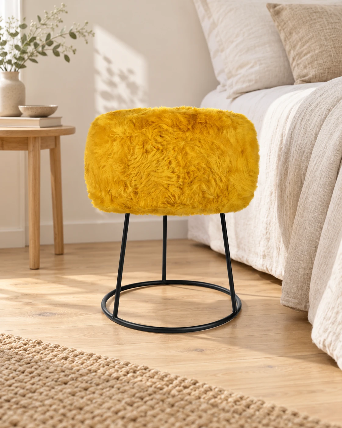 Warm Ochre sheepskin stool with a black metal base beside a linen-covered bed in a neutral bedroom