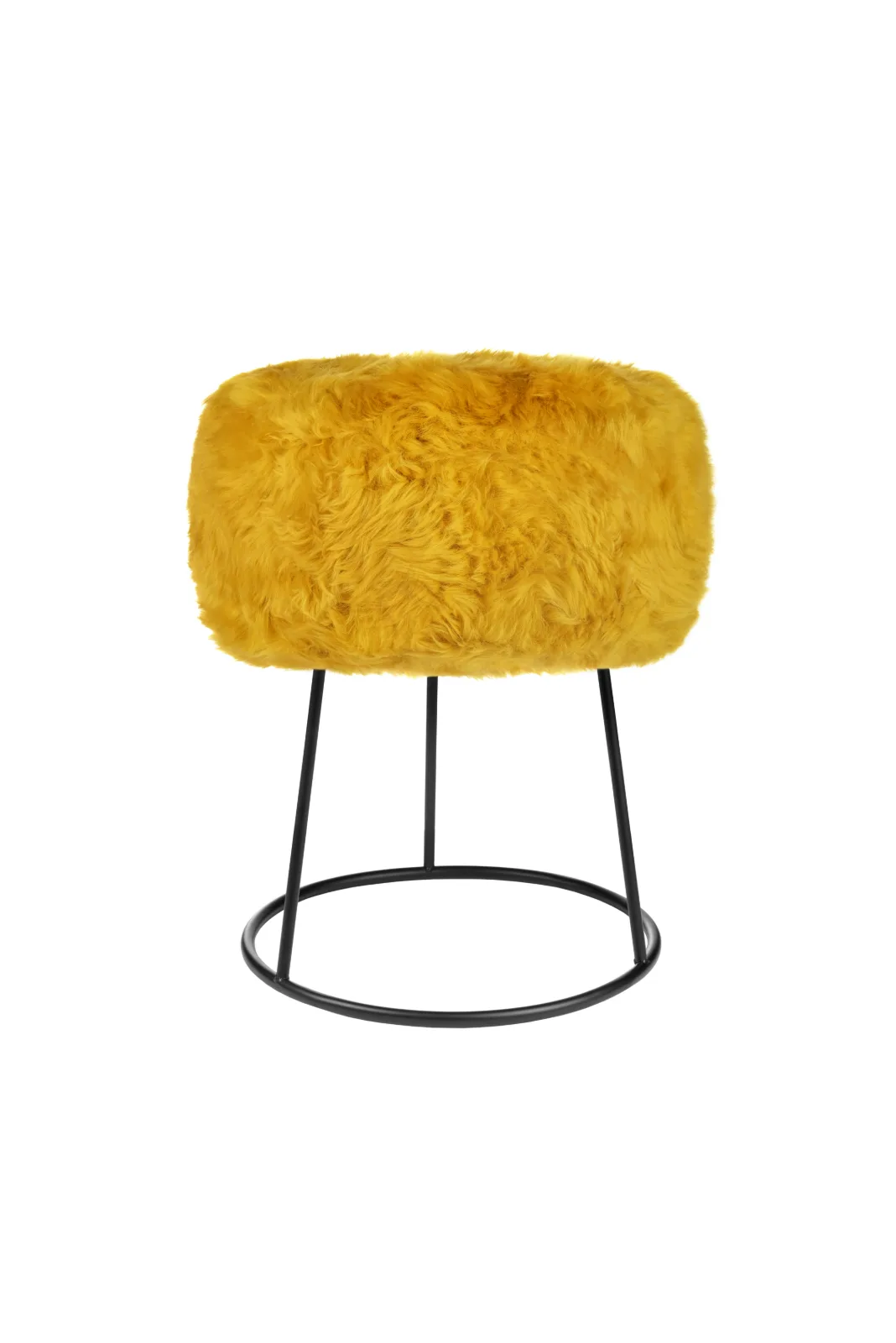Warm Ochre genuine sheepskin stool showing the full black metal frame on a white background